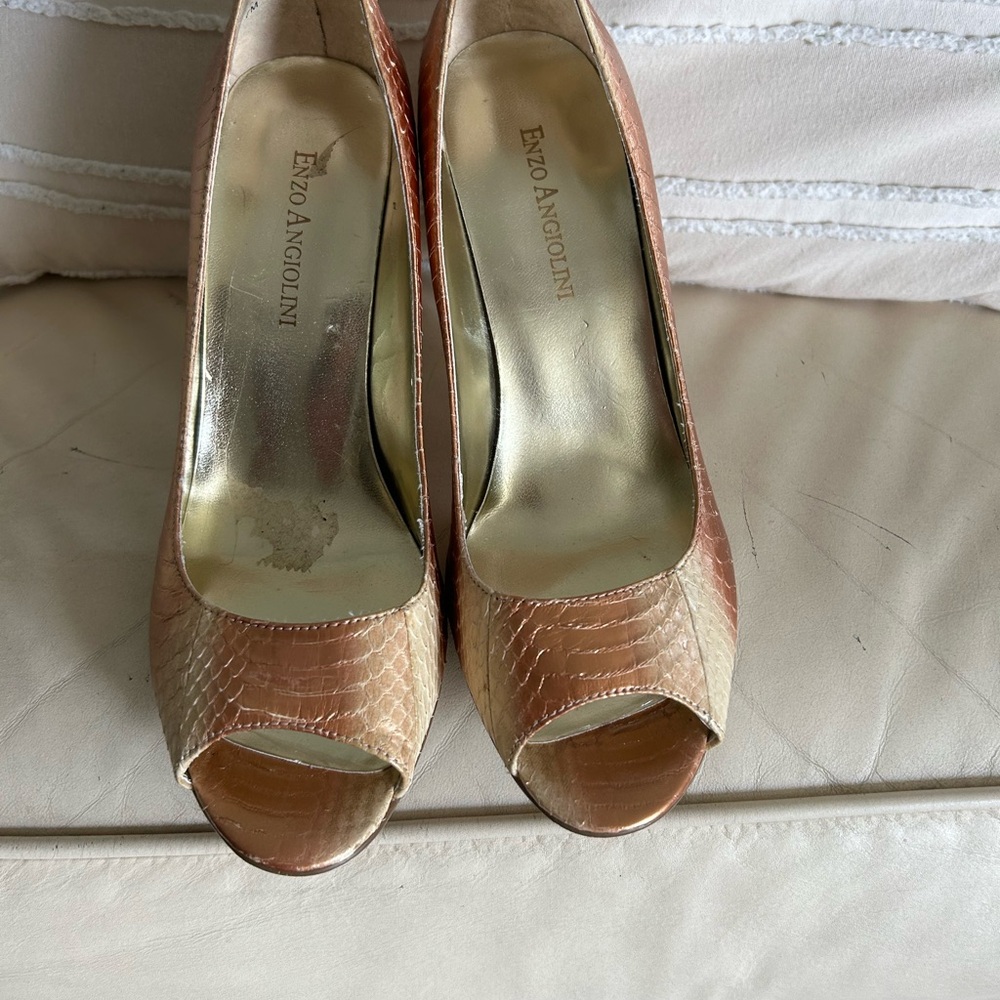 Enzo Angiolini Snakeskin Peep Toe Heels - Tan and Cream